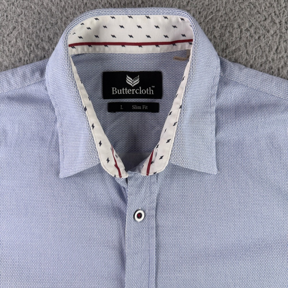 Buttercloth Button Down Shirt Men L Blue Slim Fit Short Sleeve Micro Print
